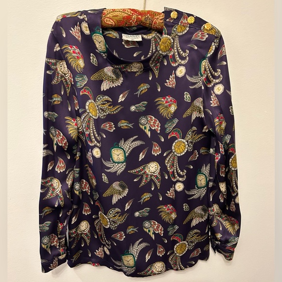 Rare Vintage Chanel Clocks and Jewels Print Blouse new without tags